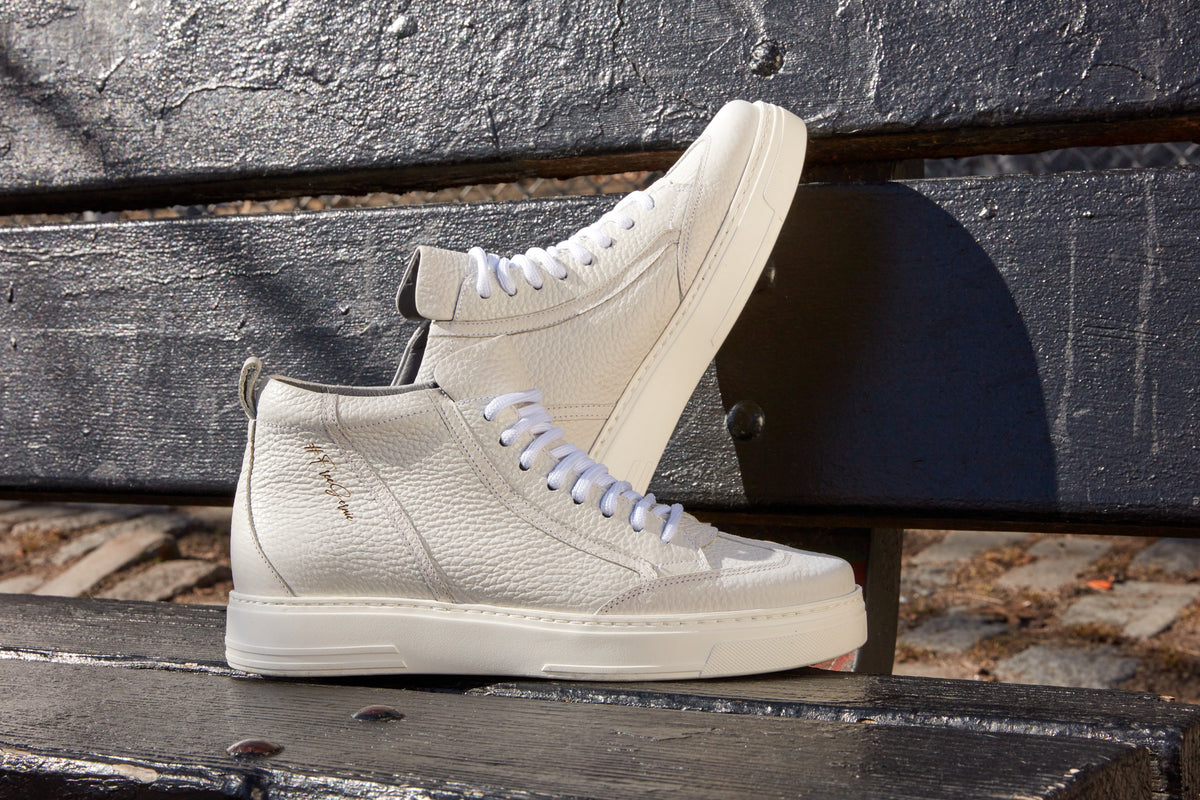 Men's White Italian Leather High Top Sneakers | Gernie NYC