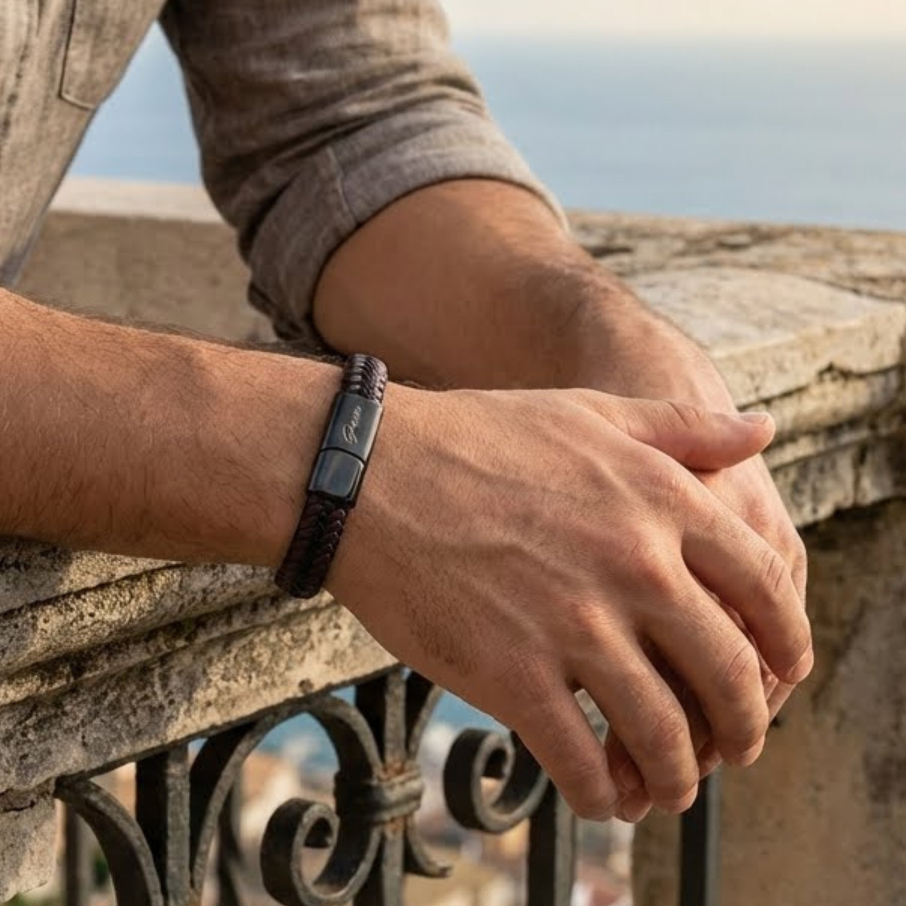 Men's Black Genuine Leather Bracelet - Berkeley Collection Men's Black Genuine Leather Bracelet - Berkeley Collection